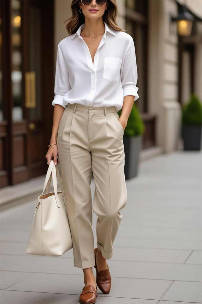 شومیز سفید با شلوار کتان خاکی